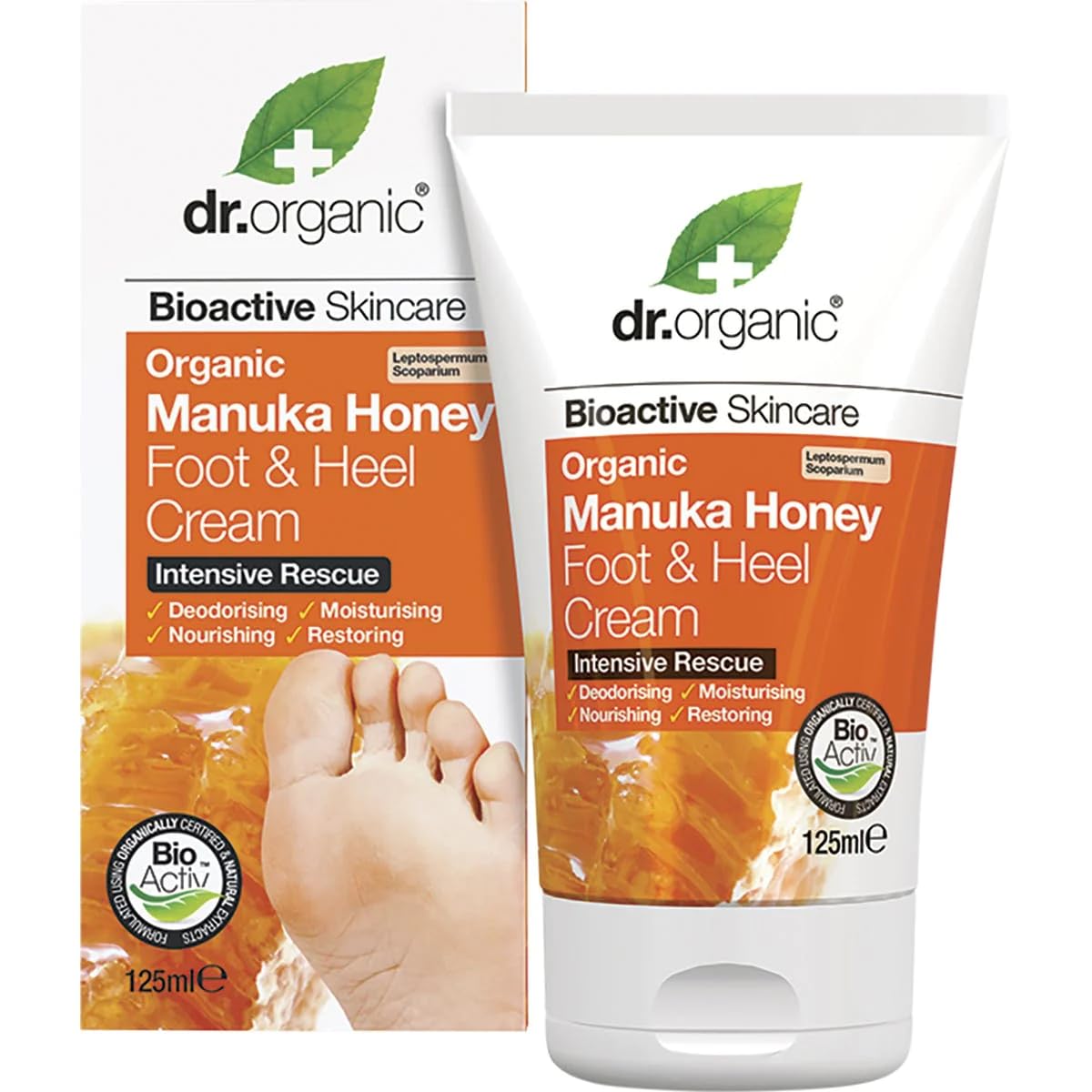 DR ORGANIC Manuka Honey Foot Cream, Moisturising, Dry Skin, Mens, Womens, Natural, Vegetarian, Cruelty-Free, Paraben & SLS-Free, Organic, 125ml